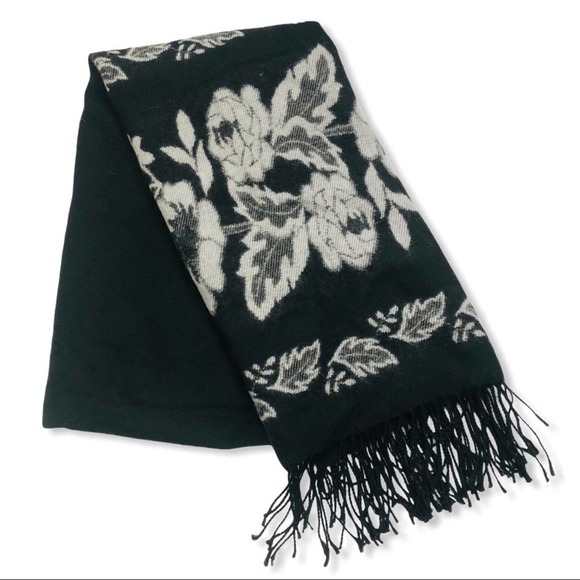 Vintage Accessories - Vintage Corrieri Ido Italian Scarf Black Ivory Floral Leaf Fringe Blanket Wrap